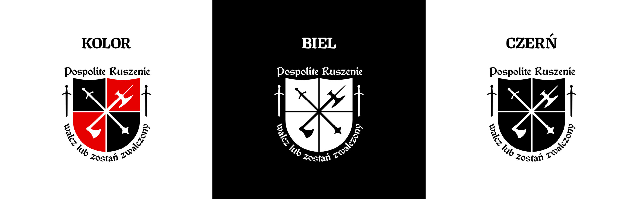 Warianty kolorystyczneg logo Pospolitego Ruszenia – kolor, biel, czerń.