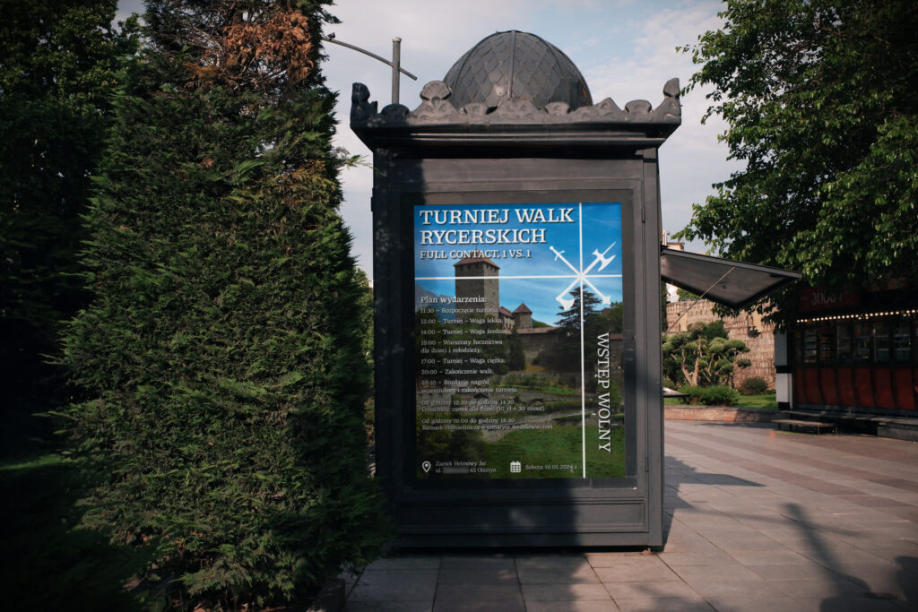 Plakat cyfrowy klubu sportowego walk rycerskich na wyświetlaczu w mieście