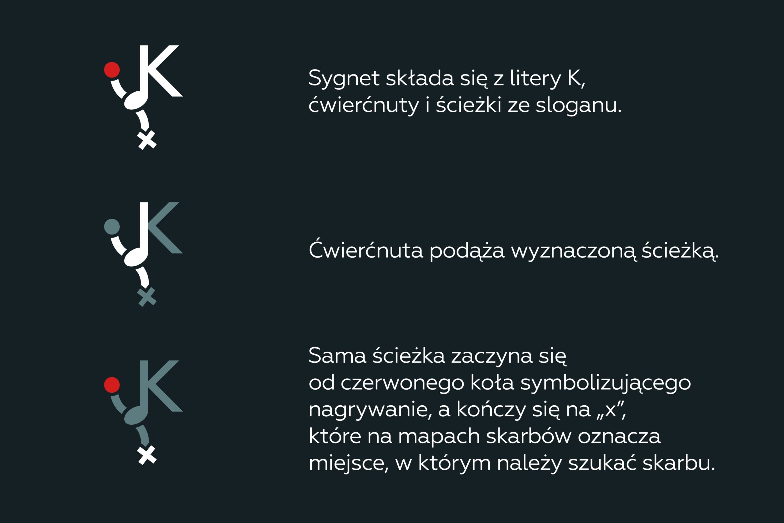 Wyjaśnienie finalnego konceptu logo Kind Records. Sygnet składa się z litery K, ćwierćnuty i ścieżki, ze sloganu. Ćwierćnuta podąża wyznaczoną ścieżką. Sama ścieżka zaczyna się od czerwonego koła symbolizującego nagrywanie, a kończy się na „x”, które na mapach skarbów oznacza miejsce, w którym należy szukać skarbu.